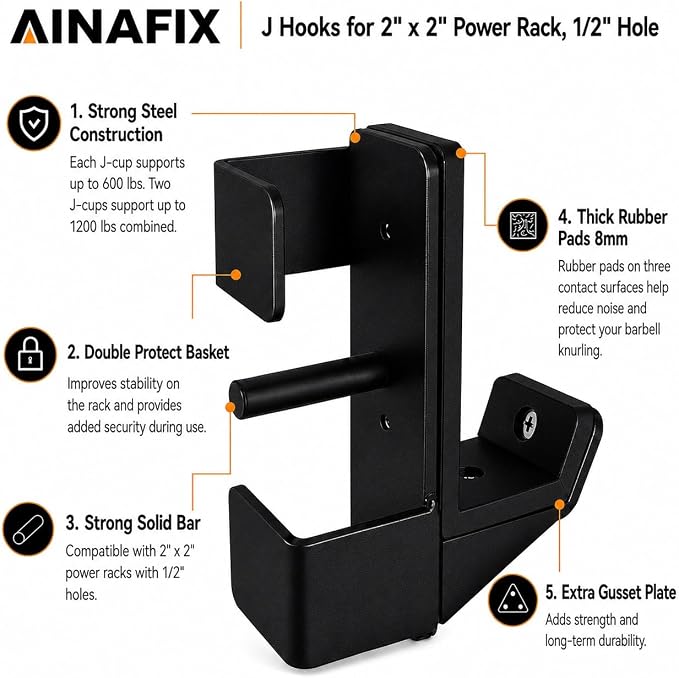 J Hooks for 2" x 2" Power Rack, Rubber Pad J-Hook for Power Cage, Bottom Reinforced Steel J Cups for Squat Rack, Heavy Duty Barbell Holder, Black