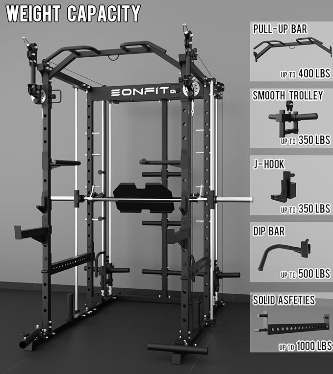 Eonfit E5 Smith Machine with Leg Press for Home Gym | Functional Trainer Power Rack Power Cage With Pivot Arms Lat Cable Crossover Pulley System All In One For Garage Apartment