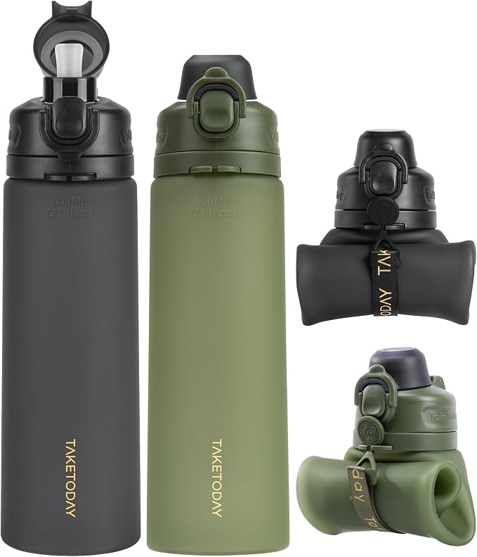 TakeToday Collapsible Water Bottles 21oz (600mL), Foldable Platinum Silicone Travel Water Bottle with Straw & Carry Strap, Leak-Resistant Screw Lid, Wide Mouth, BPA-Free for Hiking, Camping, Travel