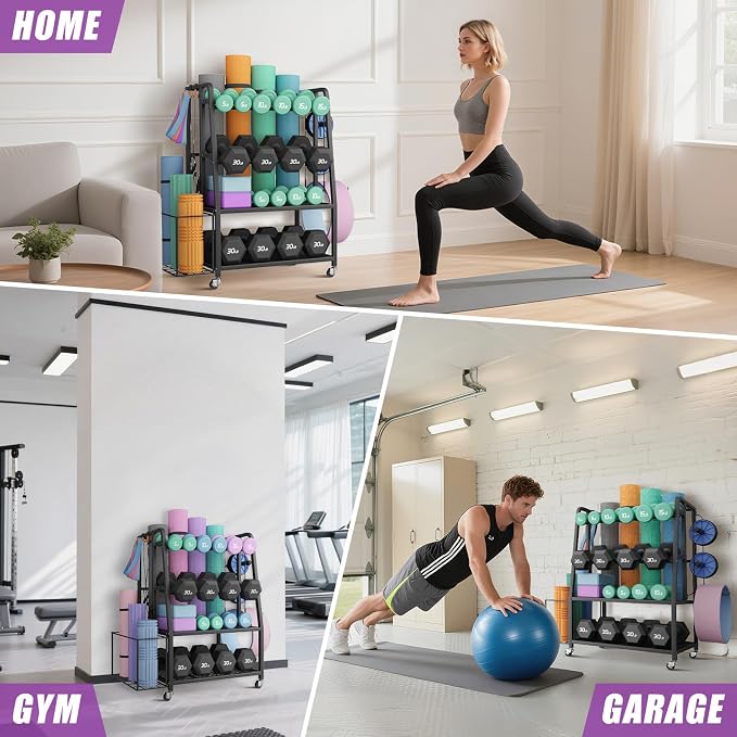 VOPEAK 3-Tier Dumbbell Rack Stand with Wheels, Home Gym Yoga Mat Storage | Stores dumbbells, kettlebells & yoga mats. Lockable wheels for mobility. Sturdy steel frame, easy 15-min assembly