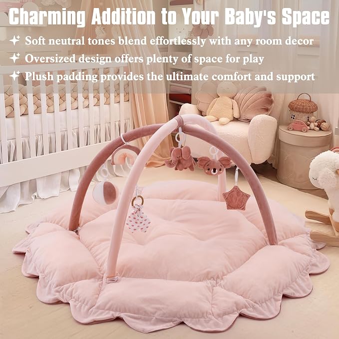 5-in-1 Plush Baby Play Gym, Activity Mat with Convertible Gym, Baby Gym 6 Sensory Toys, Play Center for Newborn to Toddler, Pink