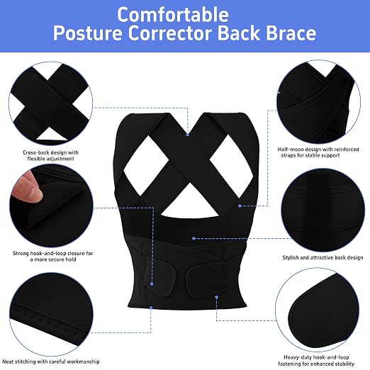 Posture Corrector for Women and Men Plus Size Full Back Support Brace Straightener Scoliosis Spine Upper Back Pain Relief Adjustable Shoulder Instant Posture Corrector with Hunchback (Black, X-Large)