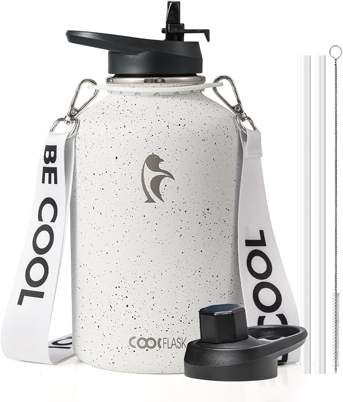 Coolflask Half Gallon Water Bottle Insulated Stainless Steel with Strap | 64 oz Large Water Jug with Straw & Spout Lids,Triple-Wall, Cold 48+h,Dishwasher Safe, Leakproof, BPA-Free,for Gym & Hiking