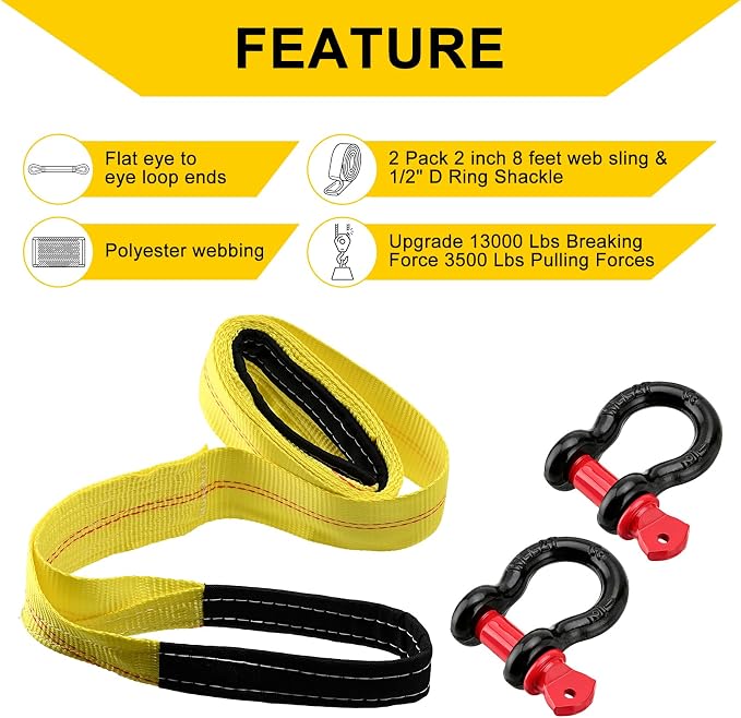 Pindex 2 Pack 2" x 8' Upgrade Web Lifting Sling & 1/2" D Ring Shackle 13000 Lbs Breaking Force 3500 Lbs Pulling Forces Lift Sling Straps for Rocks Trees Mowers Tool in Trailers Tractors Trucks, Yellow