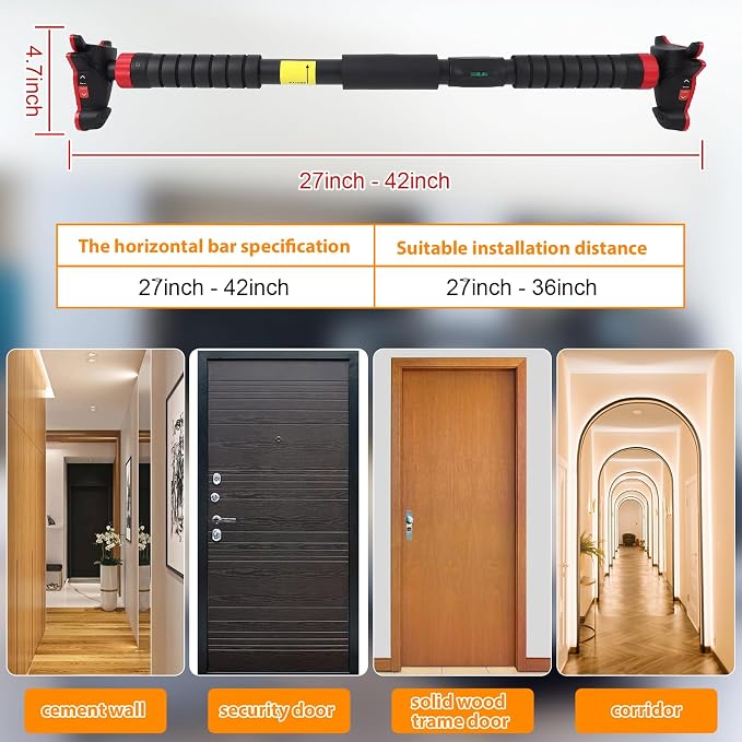 Adjustable Pull Up Bar for Doorway - 440LBS Weight Capacity, No Screws Installation with Level Meter and Auto Lock, Chin Up Bar for Home Gym Strength Training,Red Triple