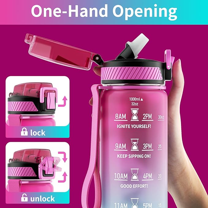 QLUR Water Bottle with Straw, 32oz Motivational Water Bottles with Time Marker to Drink, Tritan BPA Free, 1L Sports Water Bottle with Carry Strap LeakProof for Women Gym Fitness Outdoor (1 Pack)