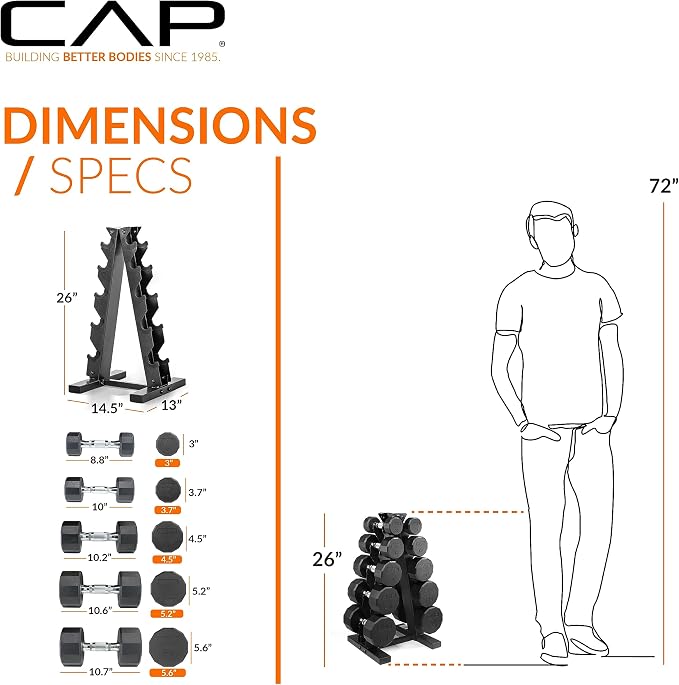 CAP Rubber Coated Hex Dumbbell Set with Storage Rack | 100–210 lb Options, Space-Saving Vertical Compact Storage for Home Gym Strength Training