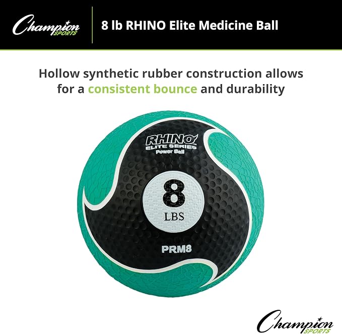 Champion Sports Rhino Elite Medicine Ball – Textured Surface, Superior Grip, Hollow Synthetic Rubber for Consistent Bounce & Durability, Multiple Weights & Colors - Optional Rebounder Sold Separately