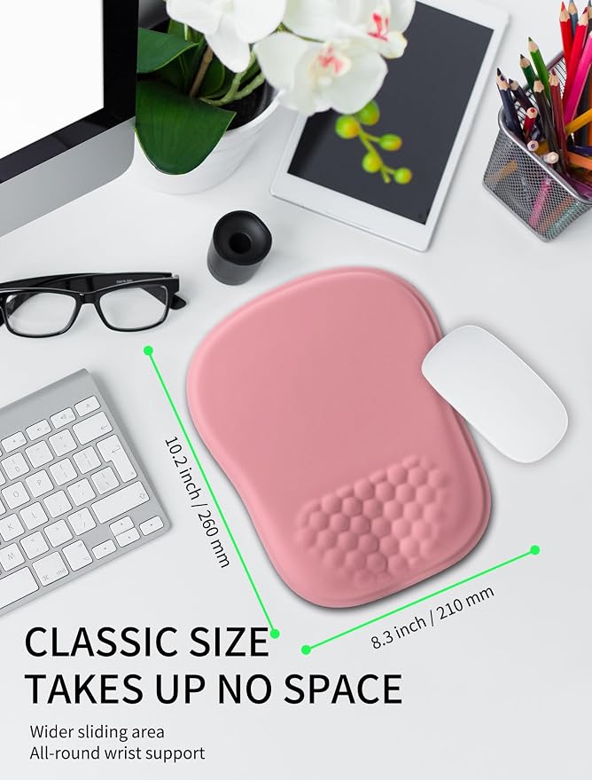 Hokafenle Ergonomic Wrist-Hugging Mouse Pad Wrist Support, U-Shaped Holding Wrist Rest Mousepad for Carpal Tunnel Pain Relief with Cushioned Memory Foam Slope Massage Bulge (Classic 10.2x8.3 in,Pink)
