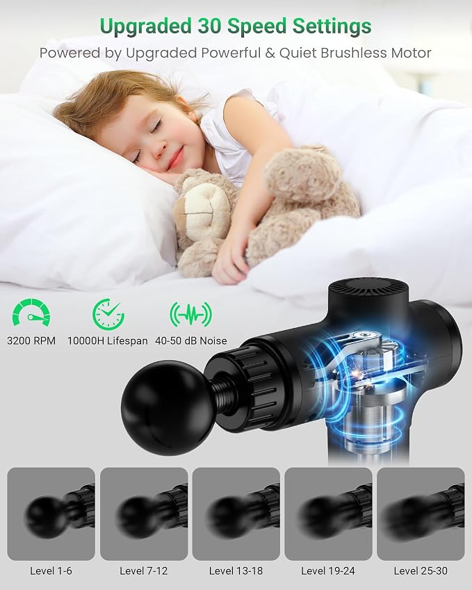 Massage Gun, Deep Tissue Percussion Massager 30 Speeds for Pain Relief | Handheld Electric Back & Neck Muscle Massager with 6 Massage Heads for Athletes, Men & Women (Black)