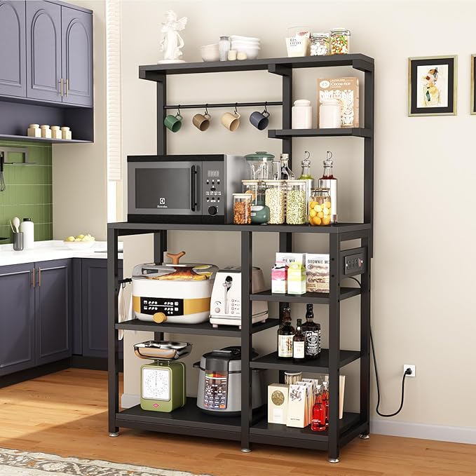 Bakers Rack with Power Outlet, 8-Tier Microwave Cart, Coffee Bar w/ 6 Hooks | 8-Tier Bakers Rack with Power Outlet, Coffee Bar Station & Microwave Cart, Metal Kitchen Storage Shelf with Wheels