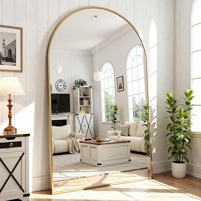 Full Length Mirror 88" L x 44" Full Body Standing Mirror for Bedroom, Living Room, Gym, Dorm - Shatter-Resistant & Easy Assembly, Arched Style Gold