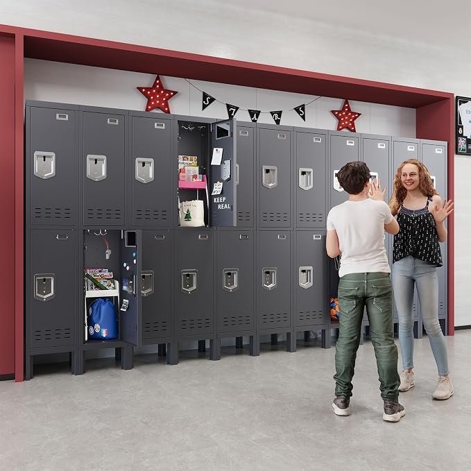 BUTISOW Metal Storage Locker with Lock & Card Slot Locker - Secure Lockable Door - Steel Locker for School, Office, Gym, Home - 66.15" H x 11.8" W x 11.8" D（2 Door, Grey）