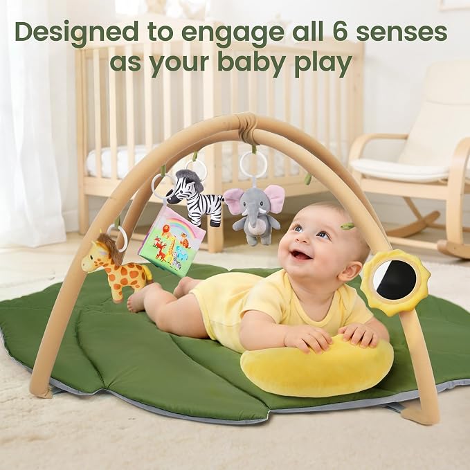 Baby Play Mat, 51.2 x 35.4 in Large Leaf Baby Play Gym for Infants, 1.5 in Thick Tummy Time Mat with 7 Detachable Sensory Toys, Mirror, Crinkle Book & Pillow, Newborn Baby Shower Gift