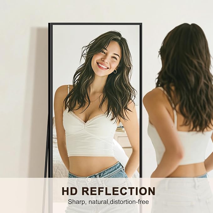 FICTOR Full Length Mirror with Stand, Floor Standing Mirror, 75"x35", Black | HD Shatterproof Glass, Free-Standing or Wall-Mounted, Full Body Mirror for Bedroom, Living Room, Dressing Room, Entryway