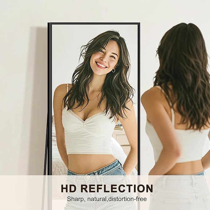 FICTOR Full Length Mirror with Stand, Floor Standing Mirror, 56"x15", Black | HD Shatterproof Glass, Free-Standing or Wall-Mounted, Full Body Mirror for Bedroom, Living Room, Dressing Room, Entryway