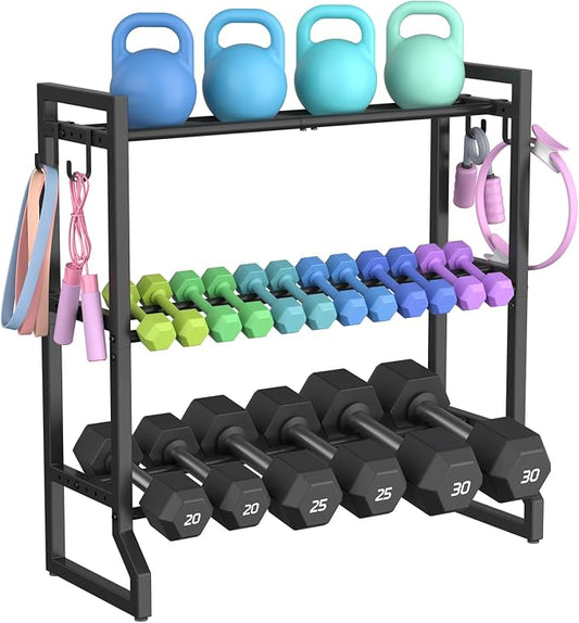 3 Tier Dumbbell Rack, 400LB Weight Rack with 4 Hooks for Home Gym | 1.18"-5.9" Adjustable Width, Anti-Slip Base, 0.04" Thick Tube, Rotatable Leveling Feet, Holds Dumbbells, Yoga Balls