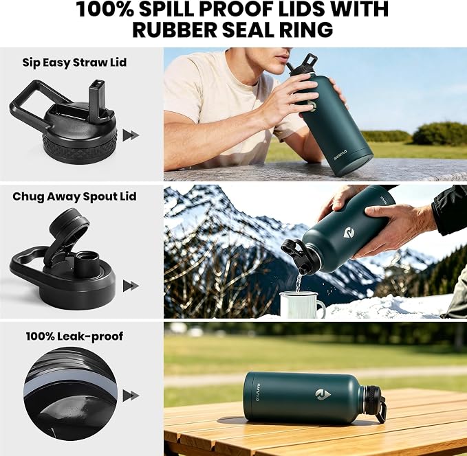 RAYMYLO Insulated Water Bottle 87 oz, Triple Wall Vacuum Stainless Steel | Cold for 48 Hrs), Leak Proof & Non-BPA, Modern Water Flask Jug with Paracord Handle & Straw Spout Lids, Dark Green