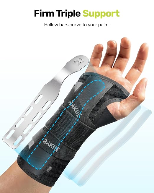 Rakiie Upgraded Carpal Tunnel Wrist Brace, Night Sleeping Support for Arthritis, Sprain & Tendonitis Pain Relief, Flexible 3-Bar Support, Breathable Hand Splint for Typing, Work & Housework, Fit for Men & Women (Gray, Small, Right Hand)