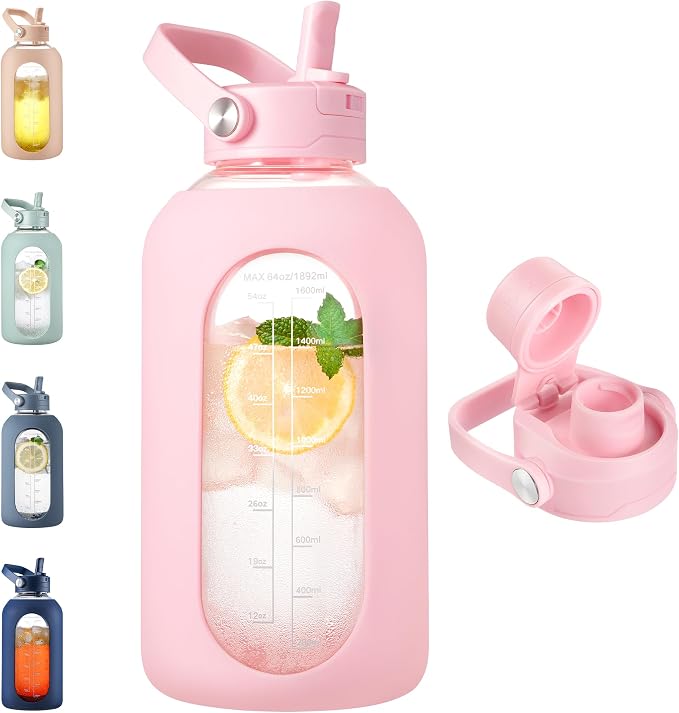 CIVAGO 64 oz Glass Water Bottle Jug with Detachable Straw and Time Maker | Half Gallon Motivational Large Flask Cup with Handle, Leakproof Lids, Wide Mouth, Silicone Sleeve, Tumbler for Juice, Blush