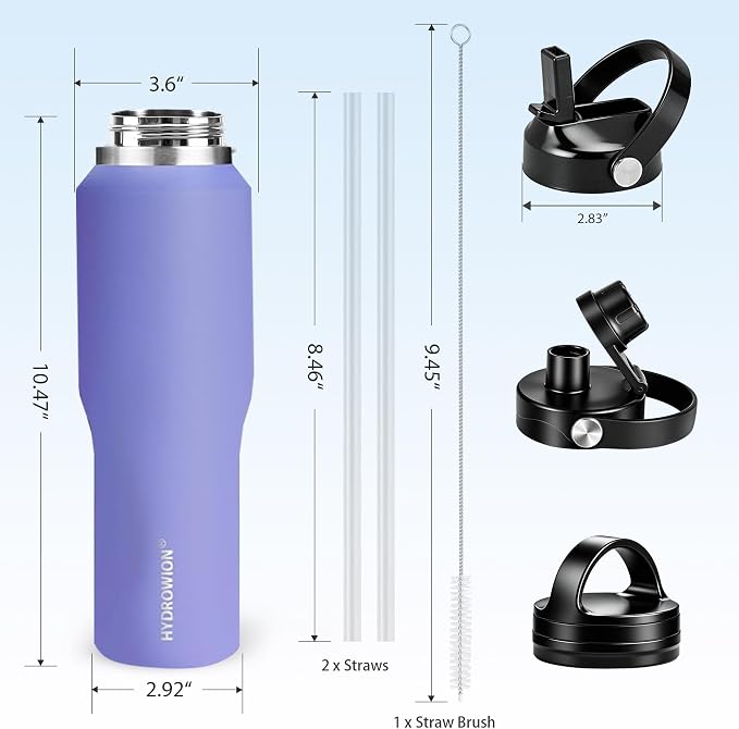 HYDROWION Water Bottle Stainless Steel,Vacuum Insulated Leak Proof Tumbler 32oz with Straw Lid, Spout Lid and Flex Cap(Cold for 48 Hrs, Hot for 24 Hrs), Fit in Any Car Cup Holder, Purple