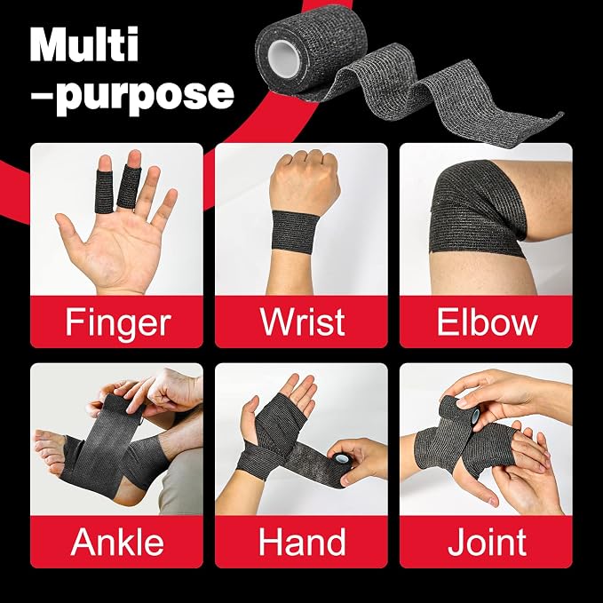 AZEN 16 Pack Self Adhesive Bandage Wrap Black, 2" X 5 Yards Black Athletic Tape, Vet Wrap, Tattoo Grip Tape Wrap，Ankle Tape, Cohesive Bandage Wrap