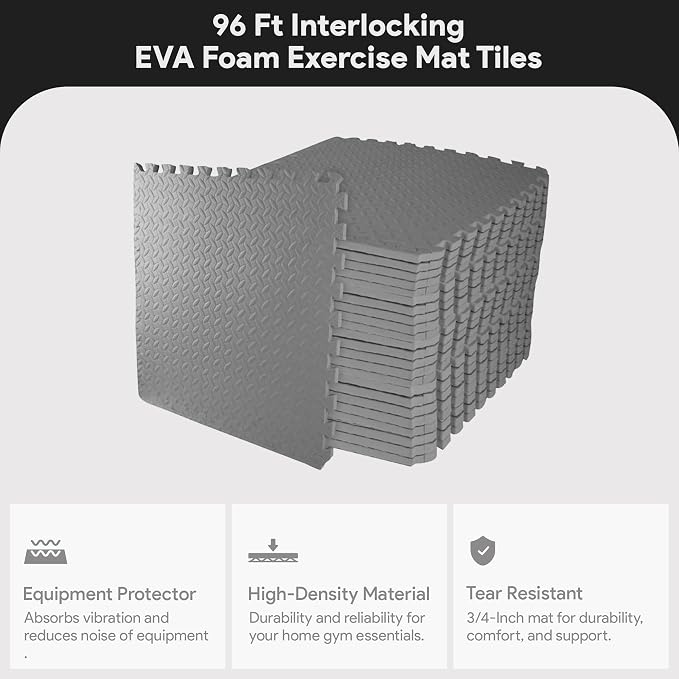 BalanceFrom Puzzle Exercise Mat 3/4" Thick, EVA Interlocking Foam Floor Tiles for Home Gym, Mat for Home Workout Equipment, Floor Padding for Kids, Gray, 24 in x 24 in x 3/4 in, 96 Sq Ft - 24 Tiles | Tiles for Home Gym, Mat for Home Workout Equipment, ...