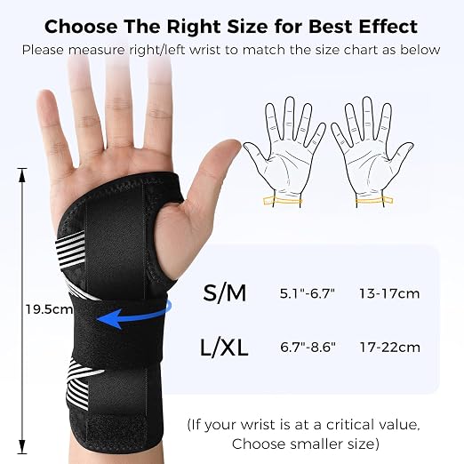 Carpal Tunnel Wrist Brace with Removable Splints, Breathable Wrist Support for Men & Women, Night & Work Support, Pain Relief, Tendonitis, Sprain, Rigid Hand Brace for Arthritis, Right Hand (S/M, Black/Gray)