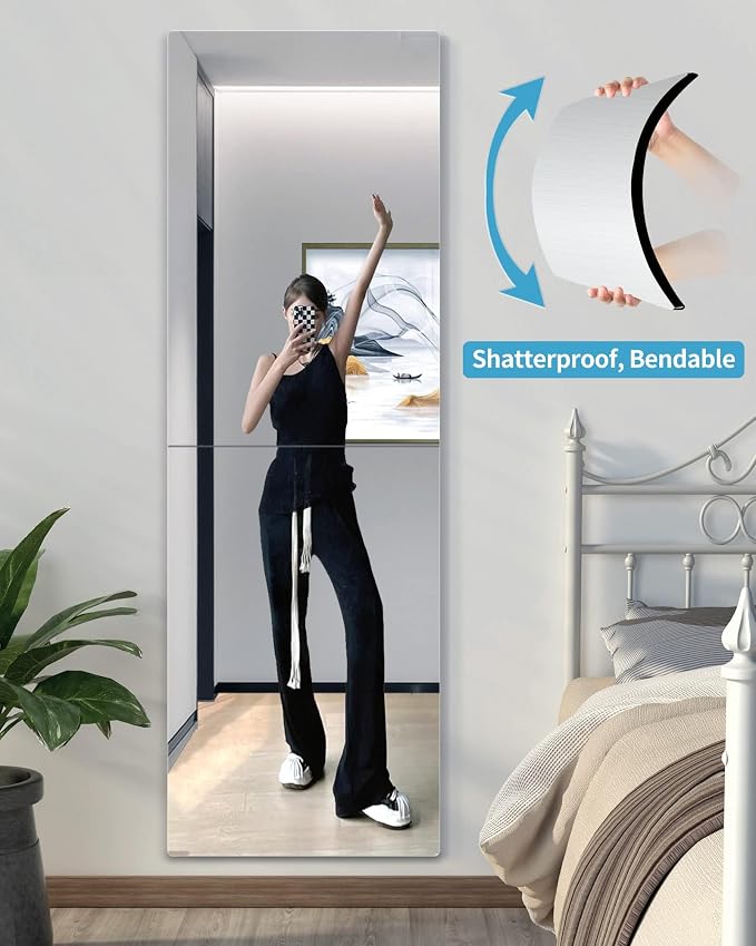 Unbreakable Acrylic Full Length Mirror for Wall Mounted, Full Body Mirror for Kids, Flexible Plastic Safe Shatterproof, 2 PCS 24 x 14 Inches, Workout Mirrors Tiles for Home Gym, Bedroom Over The Door