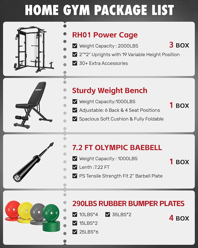 RH01 Power Cage Rack, 2000LBS Squat Rack with with Cable Crossover System&LAT Pull Down System, Multi-Function Workout Cage for Home&Garage Gym
