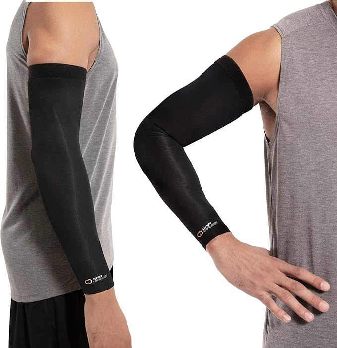 Copper Compression Arm Sleeve - Copper Infused Full Arm Brace for Forearm, Bicep, Triceps - Tennis Elbow, Basketball, Golf, Arthritis, Tendonitis, Bursitis, Post Surgery Rehab - Odor Resistant - Black - XL