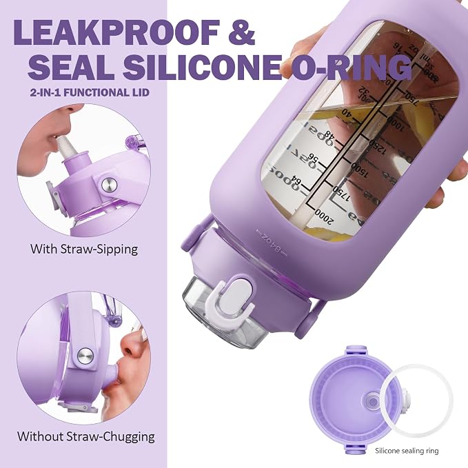 84oz Glass Water Bottle with Straw, 2.5 Liter Large Water Bottle with Silicone Sleeve and OZ Marker, Wide Mouth Gallon Glass Bottle with 2-in-1 Lid, Leakproof Water Jug for Gym Home, Purple