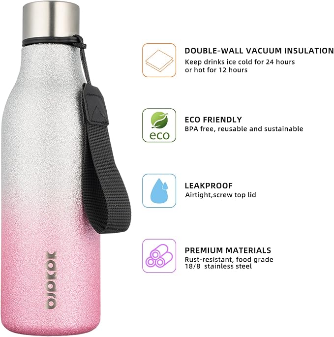 BJPKPK 18oz Insulated Water Bottle, Stainless Steel Bottle with Carry Strap | Keep Cold & Hot Vacuum Insulation, Leak-Proof BPA-Free Design, Slim Bottle Fits Most Cup Holders for Gym, Office & Travel