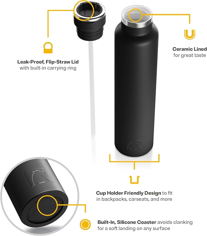 RTIC 26oz Journey Water Bottle, Ceramic Lined, Black | Stainless Steel Metal, Insulated for Hot and Cold Drinks, Sports, Travel and Camping