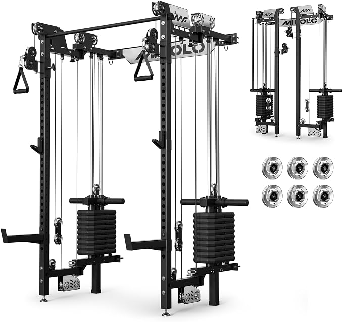Mikolo Folding Squat Rack, Wall Mounted Power Rack with Cable Crossover Machine & LAT Pull Down, Functional Trainer with 5 Adjustable Function Modes, Home Gym Package
