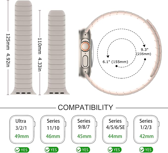 Tasikar Magnetic Bands Compatible with Apple Watch 49mm 46mm 45mm 44mm 42mm Soft Silicone Replacement Loop Wristband for iWatch Ultra 3 2 1 SE Series 11 10 9 8 7 6 5 4 3, Starlight-Pink