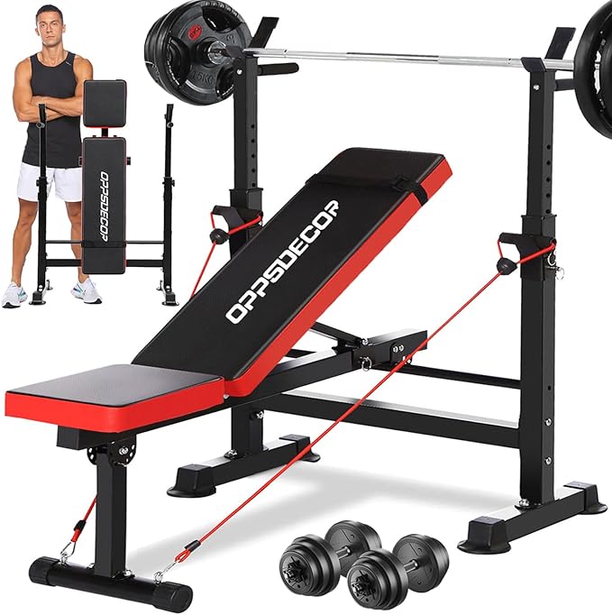 OPPSDECOR 900LBS Weight Bench Set for Home Gym, 6-in-1 Foldable Bench Press Set with Leg Extension, Leg Curl, Preacher Curl Pad, Barbell Rack, Squat Rack for Full Body Workout, Strength Training