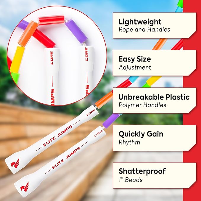 Elite Jumps Beaded Kids Jump Rope, Adjustable | Shatterproof segmented beads. Tangle-free and lightweight. Fun fitness and outdoor play for kids.