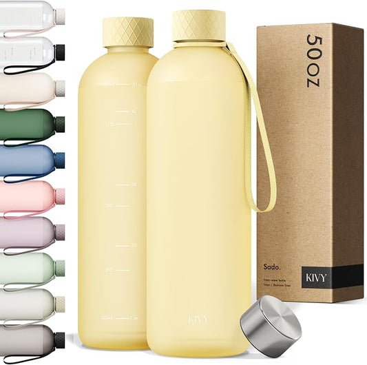 KIVY Large Water Bottle 50oz [Lightweight & Shatterproof] Fits Backpack & Cupholder for Travel, Sports, School - Extra large water bottle no straw - 1.5 Liter water bottles - 50oz Water bottle Yellow