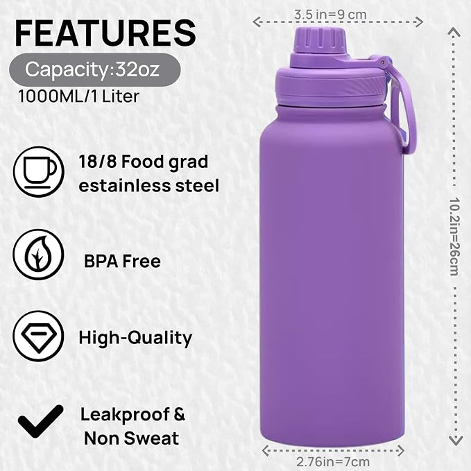 32 oz Insulated Metal Mens Water Bottle | Purple, Stainless Steel, 1 Liter, Leakproof, 2 Lids, Large Sports Water Bottle for Gym,Hiking