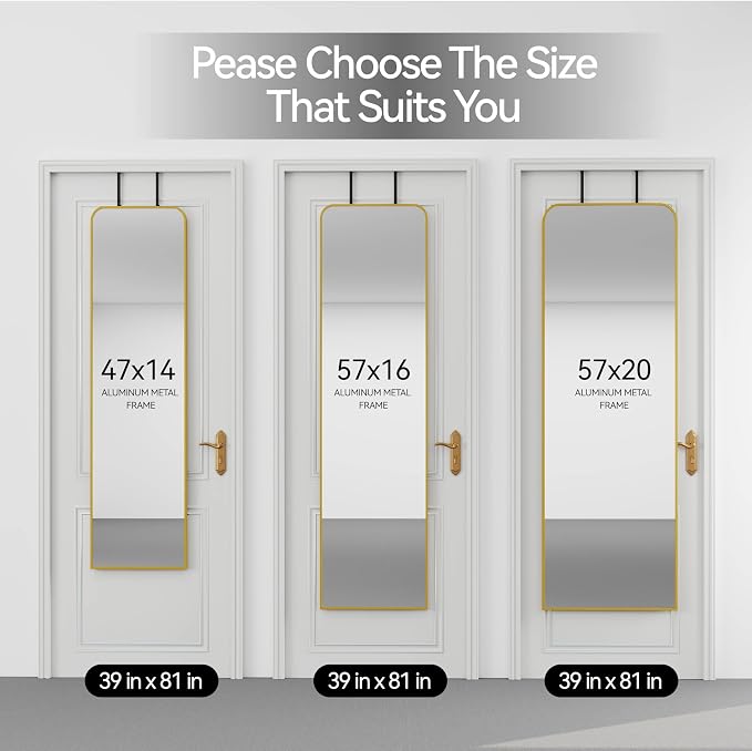 SCWF-GZ 57x16 Full Length Mirror Over The Door Hanging, Floor Stand/Wall Mounted Aluminum Alloy Frame Dressing Mirror for Bedroom Living Room 57 inch Gold