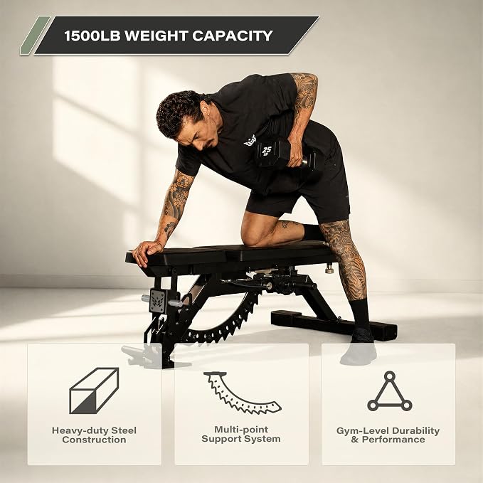 MAJOR FITNESS AH64 Apache Adjustable Weight Bench with Foot-Pedal Adjustment, 1500LB Capacity Flat Incline Decline Bench with 12 Backrest & 4 Seat Positions for Home Gym Strength Training