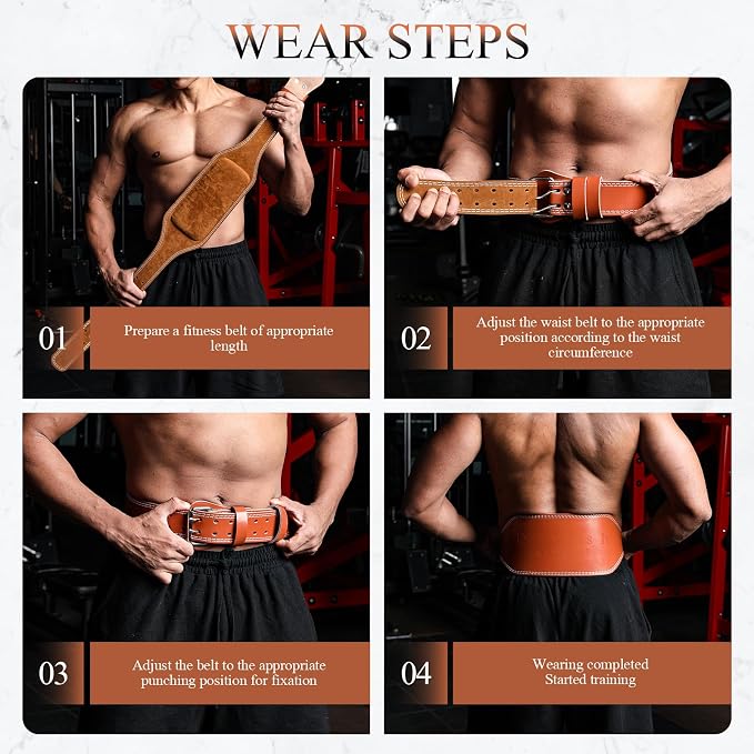 Leather Gym Fitness Belt, 4" & 6" Padded Lumbar Back Support, 10 Adjustable Holes for Weightlifting Powerlifting Bodybuilding Deadlift Squat Workout Strength Training