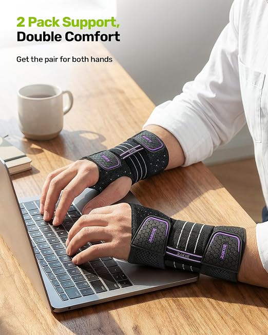 Rakiie 2 Pack Carpal Tunnel Wrist Braces, Adjustable Wrist Support Splint for Night Sleep & Daytime Working, Hand Braces Pain Relief for Arthritis, Typing, Pregnancy, Men Women (Purple, M)