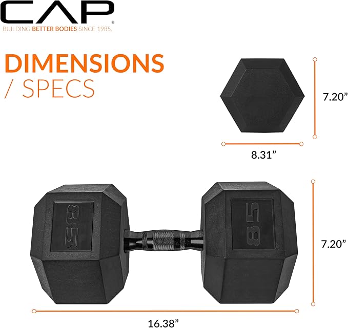 CAP Rubber Coated Dumbbell Weights, Free Weights for Home Gym Strength Training, Anti-Roll Hex Dumbbells with Black, Chrome & Comfort Grip Handles, Pairs & Sets