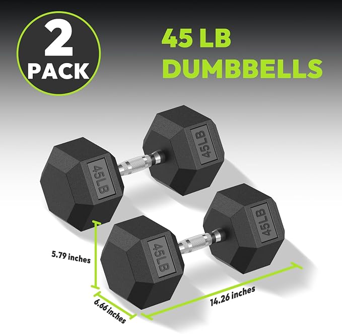 HANDBODE Rubber Encased Hex Dumbbell Pair, 2.5-65 lb | Non-Slip Handle Design for Secure & Comfortable Grip, Hand Weights for Strength Training, Fitness & Home Gym