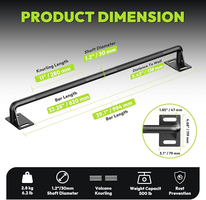 HANDBODE Wall Mounted Pull Up Bar for Doorway, 52''/36'' Chin Up Bar | 500 lb Capacity, Thickened Steel Construction, Joist Mounted