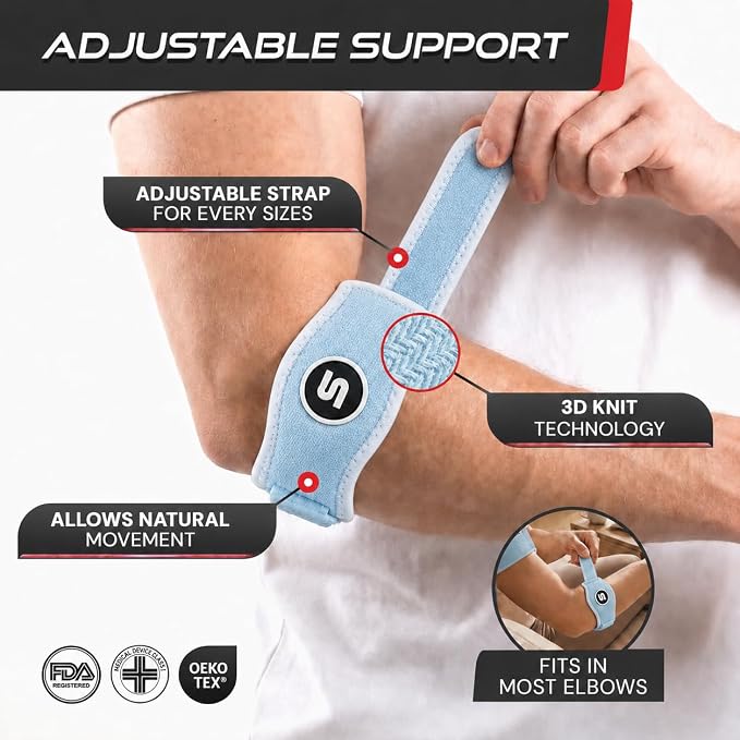 Sleeve Stars Tennis Elbow Brace for Men & Women, Elbow Brace for Tendonitis, Tennis Elbow Strap, Golfers Elbow Brace, Elbow Support Wrap for Tennis Elbow Relief, Fits 9"-23" (Single/Light Blue)