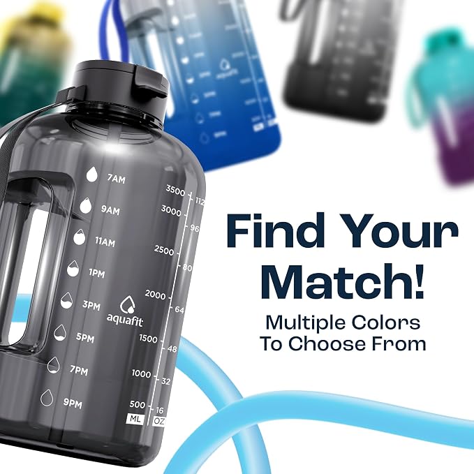 AQUAFIT 1 Gallon Water Bottle with Time Marker | BPA Free 128 oz Water Bottle with Straw and Chug Lids - Leakproof Gym Water Bottle with Carry Handle (Nebula)