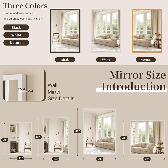 Syndra White Wood Frame Bathroom Mirror, 30''x40'' Modern Vanity Mirror for Wall, Waterproof Slim Deep Frame, Rectangular HD Tempered Glass Mirror for Living Room, Bedroom, Entryway, Rustic, Farmhouse
